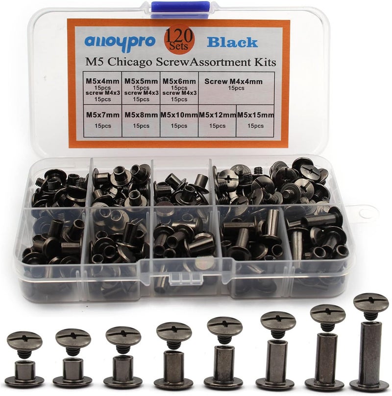 ALLOYPRO 120Pcs Black Chicago Screws Assorted Kit 8Size Gun Metal Leather Rivets 3/16" Screw Rivet Phillip Head Book Binding Posts Nail Rivet Chicago Bolt for DIY Leather Craft (M5x4/5/6/7/8/10/12/15) - Image 1